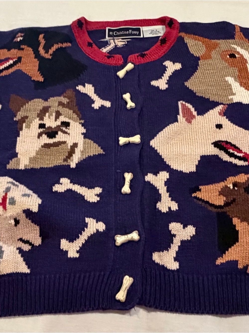 Christine Foley Dog Pattern Cardigan - Navy with Cream Bone Buttons